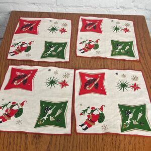 Antique Festive MCM Holiday Napkins set of 4 Red, Green, Gold in retro designs